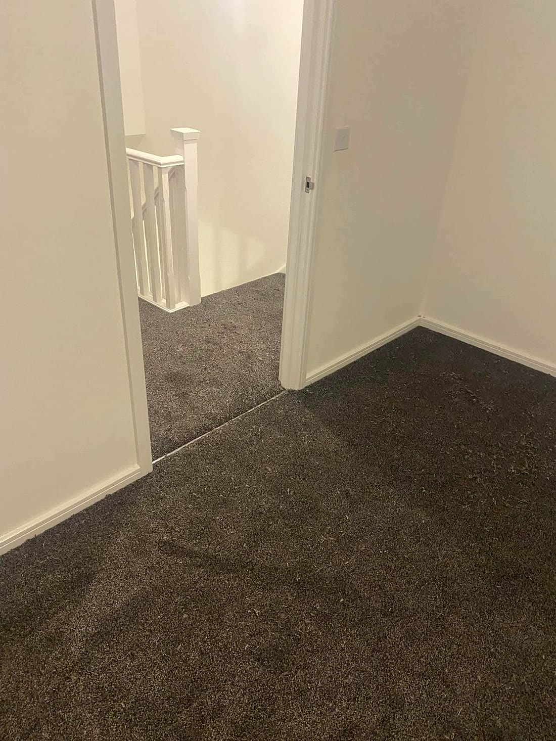 Dark carpet on a landing and bedroom